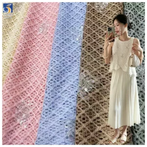 YX1433 2026 Fashion Women Blouse Dress Fabric Plaid 8mm Crystal Sequin Cord Embroidered Mesh Fabric 100 Polyester 130cm...