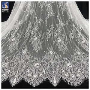 YX1435 Pearl Beaded Eyelash Lace Fabric Floral Mesh With Scalloped Border for Bridal Wedding Dresses - 100% Polyester, 级...