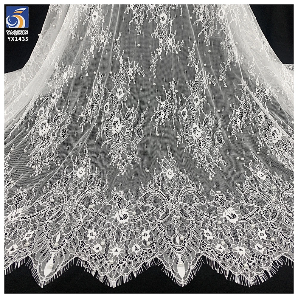 YX1435 Pearl Beaded Eyelash Lace Fabric Floral Mesh With Scalloped Border for Bridal Wedding Dresses - 100% Polyester, 级...