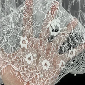 YX1435 Pearl Beaded Eyelash Lace Fabric Floral Mesh With Scalloped Border for Bridal Wedding Dresses - 100% Polyester, 级...
