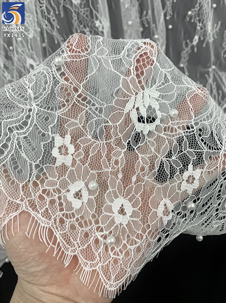 YX1435 Pearl Beaded Eyelash Lace Fabric Floral Mesh With Scalloped Border for Bridal Wedding Dresses - 100% Polyester, 级...