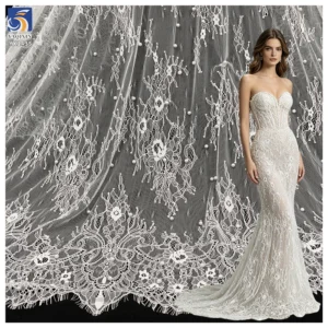 YX1435 Pearl Beaded Eyelash Lace Fabric Floral Mesh With Scalloped Border for Bridal Wedding Dresses