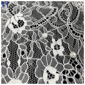 YX1435 Pearl Beaded Eyelash Lace Fabric Floral Mesh With Scalloped Border for Bridal Wedding Dresses - 100% Polyester, 级...