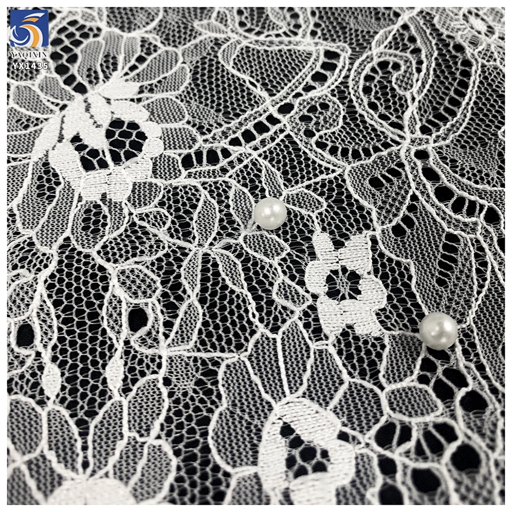 YX1435 Pearl Beaded Eyelash Lace Fabric Floral Mesh With Scalloped Border for Bridal Wedding Dresses - 100% Polyester, 级...