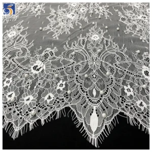 YX1435 Pearl Beaded Eyelash Lace Fabric Floral Mesh With Scalloped Border for Bridal Wedding Dresses - 100% Polyester, 级...