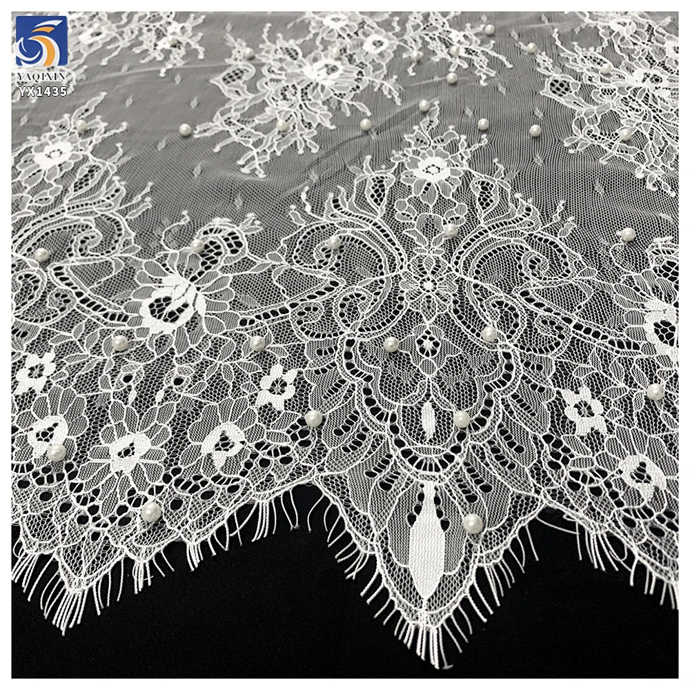 YX1435 Pearl Beaded Eyelash Lace Fabric Floral Mesh With Scalloped Border for Bridal Wedding Dresses - 100% Polyester, 级...