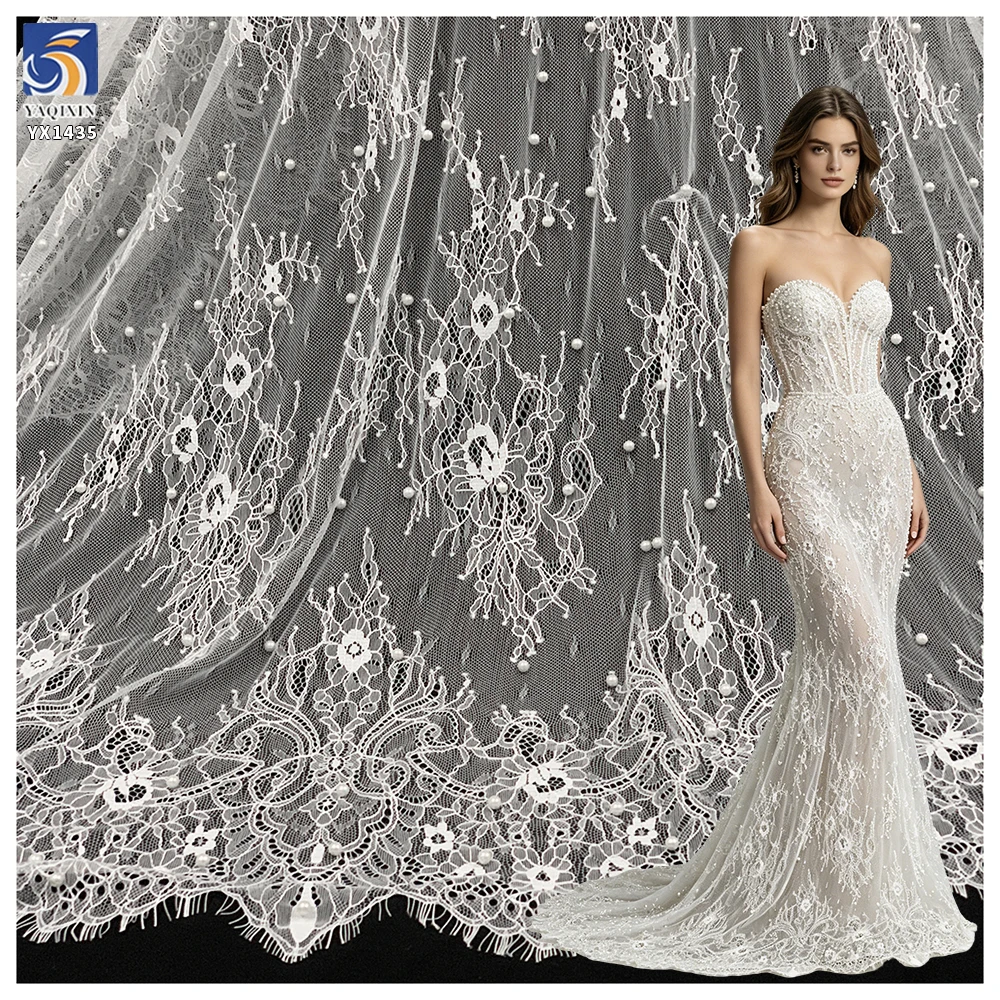 YX1435 Pearl Beaded Eyelash Lace Fabric Floral Mesh With Scalloped Border for Bridal Wedding Dresses - 100% Polyester, 级...