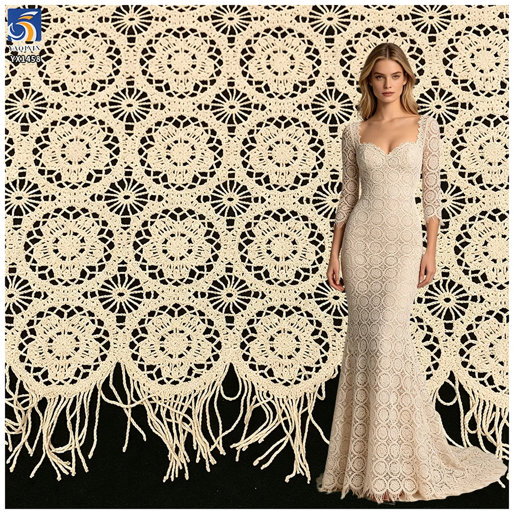 YX1458 B2B Manufacturer 150gsm Custom Color Openwork Guipure Lace Fabric 120CM Wide Polyester Embroidery for Dressmaking...