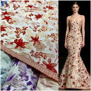 YX1462 180gsm 100% Polyester Yarn Dyed Floral Jacquard Brocade Fabric for Formal Dresses Skirts and Fashion Clothing - 100%...