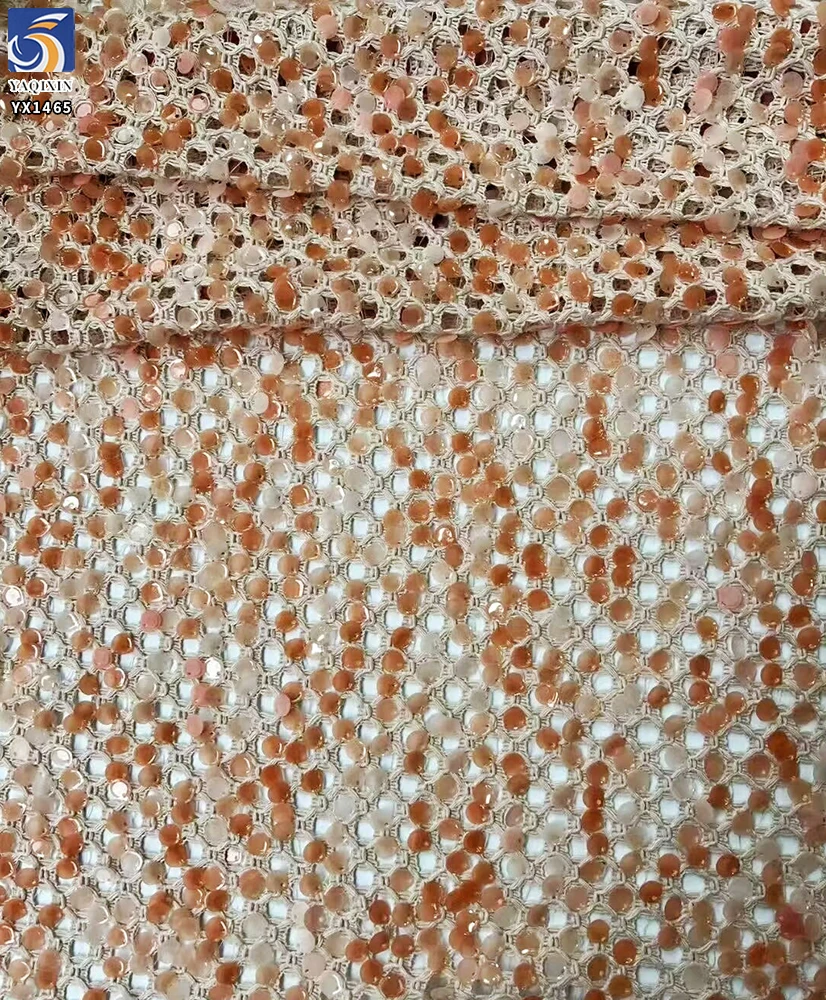 YX1465 Wholesale White Large Open Knit Mesh Fabric With 8MM Sequins for Bridal Evening Dresses and Garment Design - 100%...