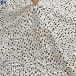 YX1465 Wholesale White Large Open Knit Mesh Fabric With 8MM Sequins for Bridal Evening Dresses and Garment Design - 100%...