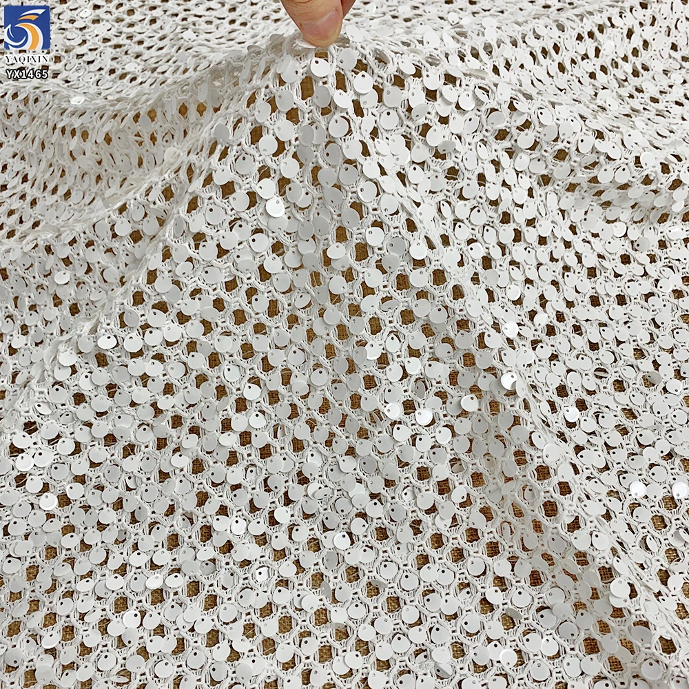 YX1465 Wholesale White Large Open Knit Mesh Fabric With 8MM Sequins for Bridal Evening Dresses and Garment Design - 100%...