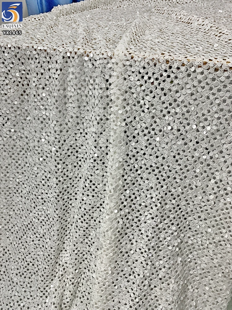 YX1465 Wholesale White Large Open Knit Mesh Fabric With 8MM Sequins for Bridal Evening Dresses and Garment Design - 100%...