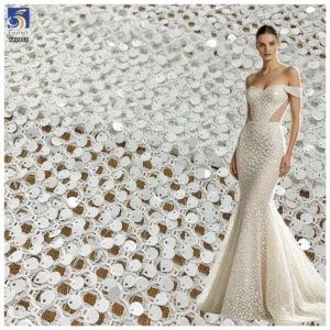 YX1465 Wholesale White Large Open Knit Mesh Fabric With 8MM Sequins for Bridal Evening Dresses and Garment Design