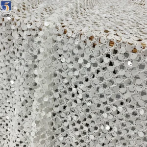 YX1465 Wholesale White Large Open Knit Mesh Fabric With 8MM Sequins for Bridal Evening Dresses and Garment Design - 100%...