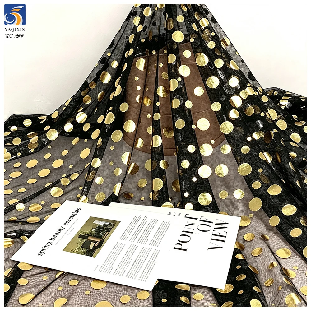 YX1466 Polyester Printed Gold Foil Polka Dot Tulle Fabric for Women Dresses Skirts Halloween Costumes and Party Decor - 100%...