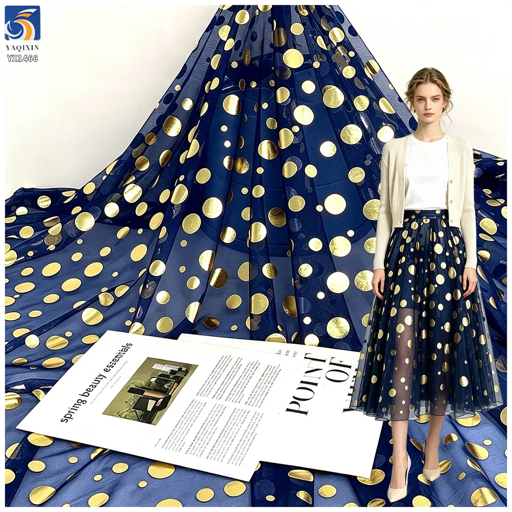YX1466 Polyester Printed Gold Foil Polka Dot Tulle Fabric for Women Dresses Skirts Halloween Costumes and Party Decor - 100%...