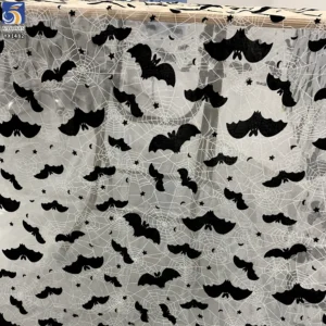 YX1482 Polyester Knitted Halloween Bat Flocked Organza Fabric With Spider Web Foil Print for Costumes and Party Decoration...