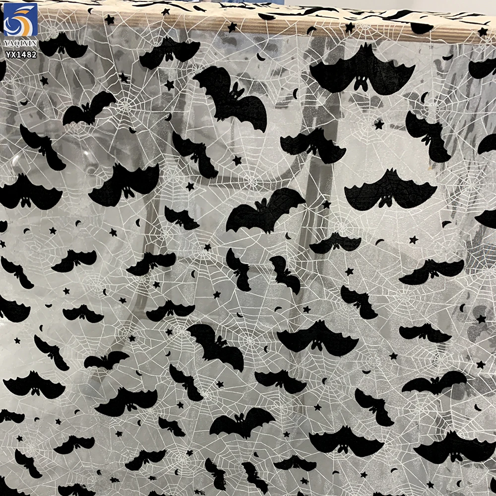 YX1482 Polyester Knitted Halloween Bat Flocked Organza Fabric With Spider Web Foil Print for Costumes and Party Decoration...