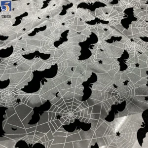 YX1482 Polyester Knitted Halloween Bat Flocked Organza Fabric With Spider Web Foil Print for Costumes and Party Decoration...