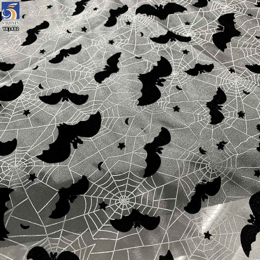 YX1482 Polyester Knitted Halloween Bat Flocked Organza Fabric With Spider Web Foil Print for Costumes and Party Decoration...