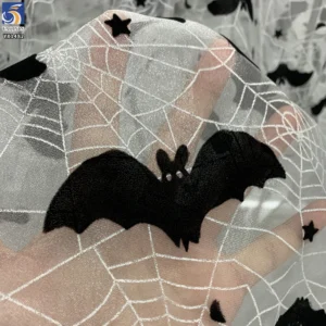 YX1482 Polyester Knitted Halloween Bat Flocked Organza Fabric With Spider Web Foil Print for Costumes and Party Decoration...
