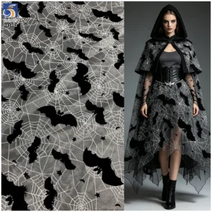 YX1482 Polyester Knitted Halloween Bat Flocked Organza Fabric With Spider Web Foil Print for Costumes and Party Decoration