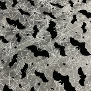 YX1482 Polyester Knitted Halloween Bat Flocked Organza Fabric With Spider Web Foil Print for Costumes and Party Decoration...
