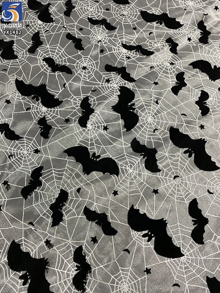 YX1482 Polyester Knitted Halloween Bat Flocked Organza Fabric With Spider Web Foil Print for Costumes and Party Decoration...