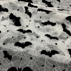 YX1482 Polyester Knitted Halloween Bat Flocked Organza Fabric With Spider Web Foil Print for Costumes and Party Decoration...