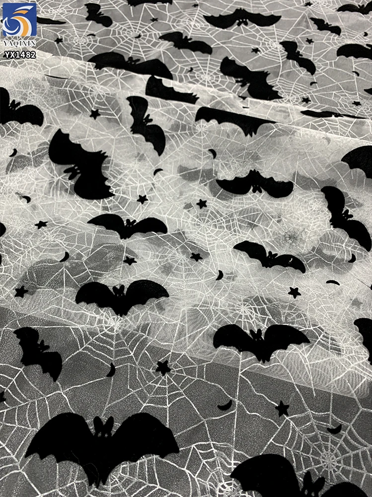 YX1482 Polyester Knitted Halloween Bat Flocked Organza Fabric With Spider Web Foil Print for Costumes and Party Decoration...