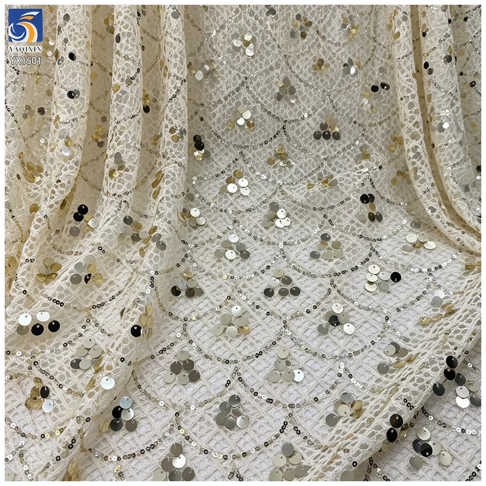 YX1501 Luxury Sequin Fish Scales Crochet Lace Fabric Embroidery Glitter Mesh Fabric for Evening Dress Designer Garment...