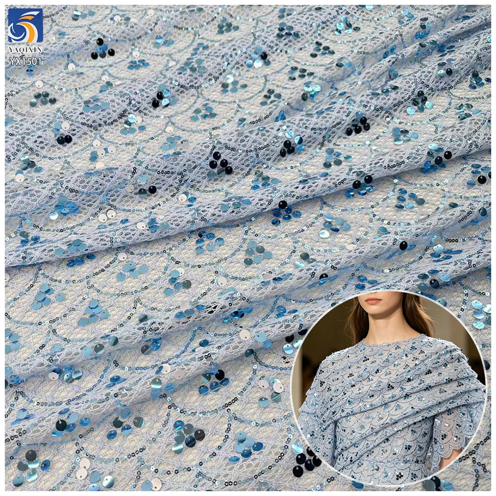 YX1501 Luxury Sequin Fish Scales Crochet Lace Fabric Embroidery Glitter Mesh Fabric for Evening Dress Designer Garment...