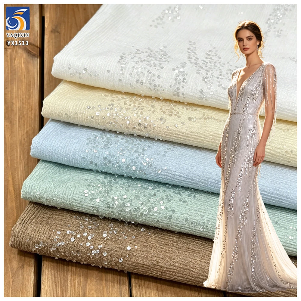 YX1513 2026 New 5mm Sequin Embroidery Pleated Chiffon Fabric for Women Dress Skirt Evening Gown - 100% Polyester, 200 gsm...