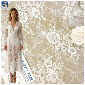 YX1515 Wholesale 100% Polyester White Floral Lace Fabric Chantilly Lace for Bridal Dress Gown and Ladies Dress
