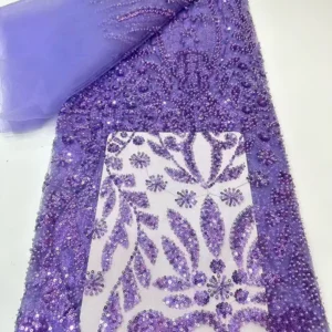 YX1518 140cm 300gsm China Factory Supplier Gold Pattern Sequin Beaded Mesh Lace Fabric for Bridal Gown - Polyester...