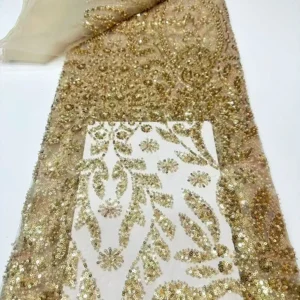 YX1518 140cm 300gsm China Factory Supplier Gold Pattern Sequin Beaded Mesh Lace Fabric for Bridal Gown - Polyester...