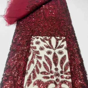 YX1518 140cm 300gsm China Factory Supplier Gold Pattern Sequin Beaded Mesh Lace Fabric for Bridal Gown - Polyester...