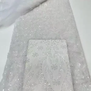 YX1518 140cm 300gsm China Factory Supplier Gold Pattern Sequin Beaded Mesh Lace Fabric for Bridal Gown - Polyester...