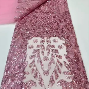 YX1518 140cm 300gsm China Factory Supplier Gold Pattern Sequin Beaded Mesh Lace Fabric for Bridal Gown - Polyester...