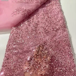 YX1520 2026 Vine Pattern Purple Tulle 3D Beaded Embroidery Lace Fabric With Raised Beads and Sparkle Sequins - Polyester...