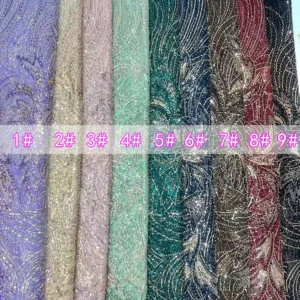 YX1521 300gsm White Bridal Mesh Fabric With Purple Gold Leaf Beaded Embroidery Lace Fabric for Couture Dress - Polyester...