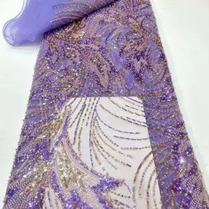 YX1521 300gsm White Bridal Mesh Fabric With Purple Gold Leaf Beaded Embroidery Lace Fabric for Couture Dress - Polyester...