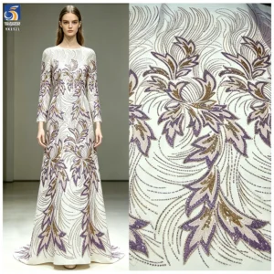 YX1521 300gsm White Bridal Mesh Fabric With Purple Gold Leaf Beaded Embroidery Lace Fabric for Couture Dress - Polyester...