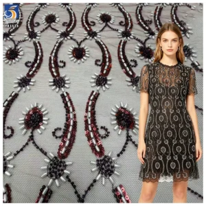 YX1523 Heavy Beaded Sequin Lace Fabric Embroidered Mesh Tulle Fabric With Floral Pattern for Evening Dress and Party Wear