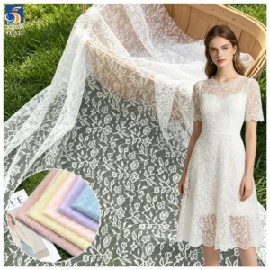 YX1532 Floral Jacquard Chantilly Lace Mesh Fabric Lightweight 50gsm Material for Women's Dresses and Fashion Apparel