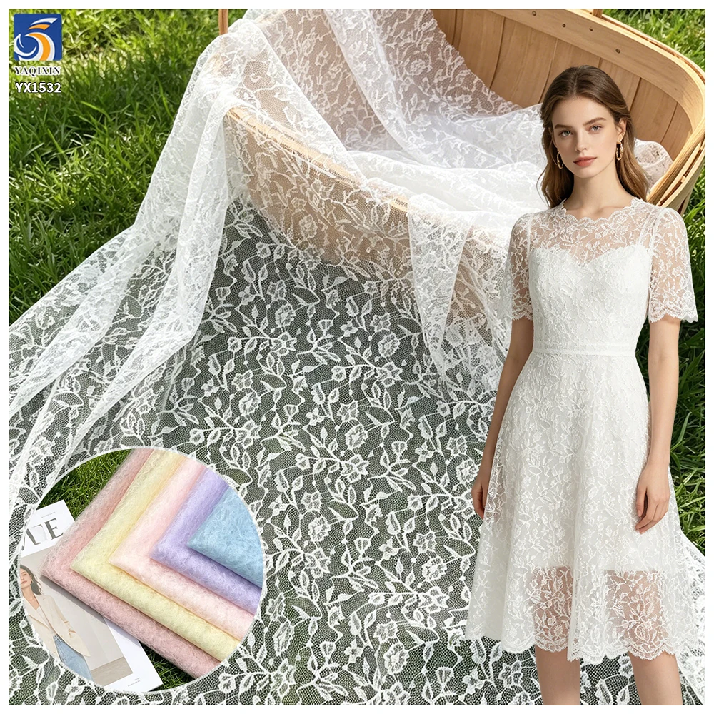 YX1532 Floral Jacquard Chantilly Lace Mesh Fabric Lightweight 50gsm Material for Women's Dresses and Fashion Apparel - 100%...