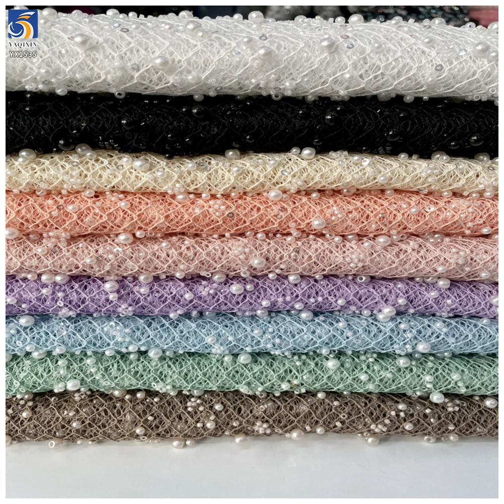 YX1535 Custom Heavy 3D Pearl Beaded Sequin Mesh Lace Fabric 400gsm Decorative Tulle Material for Bridal Wedding Dresses...