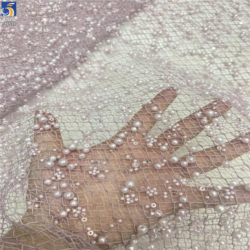 YX1535 Custom Heavy 3D Pearl Beaded Sequin Mesh Lace Fabric 400gsm Decorative Tulle Material for Bridal Wedding Dresses...