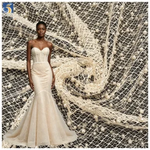 YX1535 Custom Heavy 3D Pearl Beaded Sequin Mesh Lace Fabric 400gsm Decorative Tulle Material for Bridal Wedding Dresses